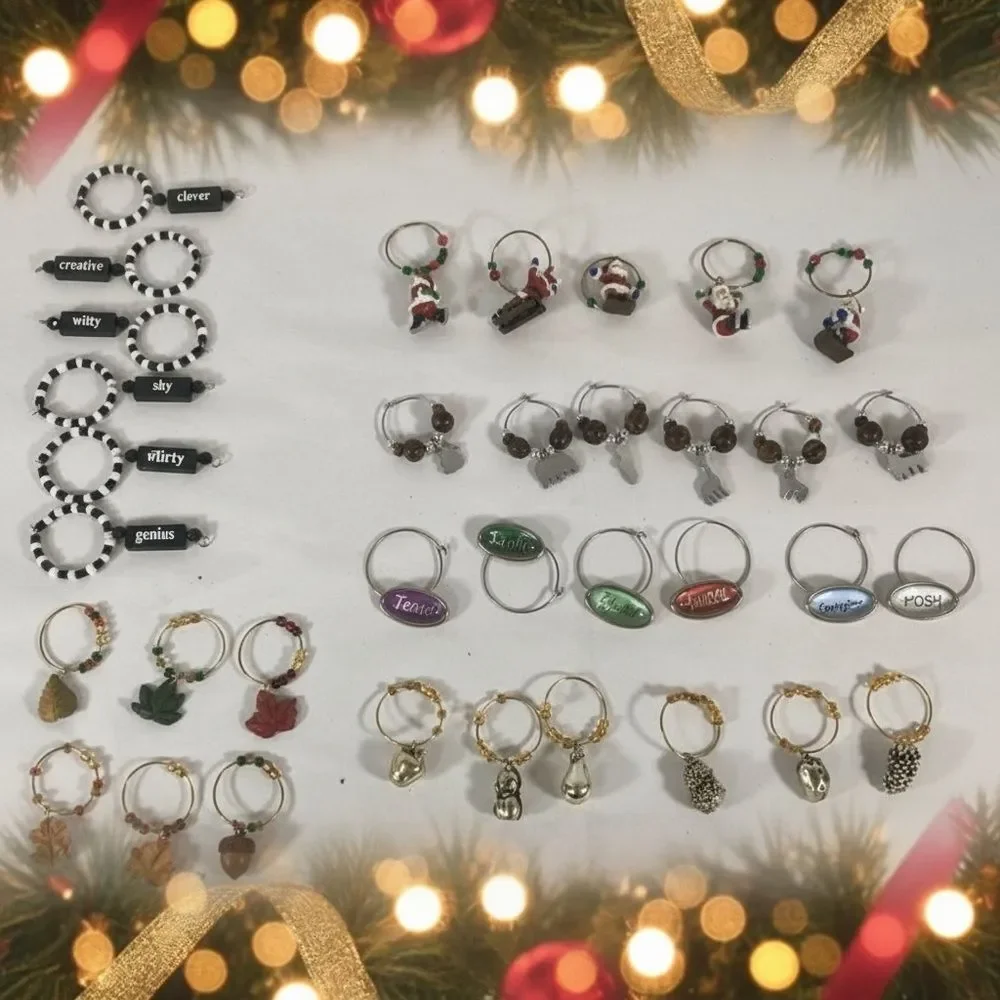 Vtg Lot 35 Wine Glass Charms Santa Fall Rustic Fruit Whimsical Girls Bunko Night